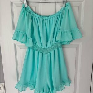Pink Lily Aqua Mint Off-Shoulder Romper